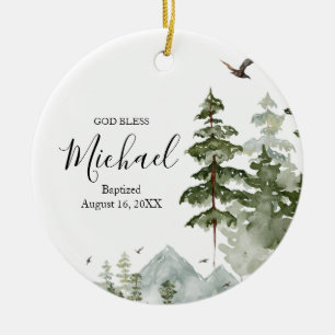 Décoration En Céramique Forêt de pins d'hiver Baptême Dieu béni