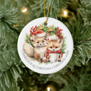Décoration En Céramique Fox Couple hiver Wreath Noël Personnalisé