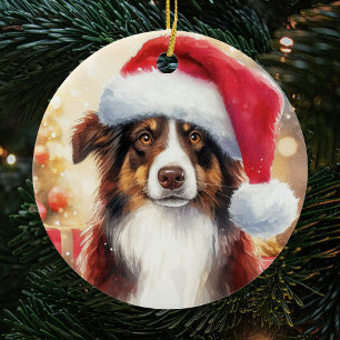 Décoration En Céramique Frontière Brown Collie Santa Hat Noël
