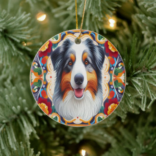 Décoration En Céramique Frontière colorée fleurie du chien berger australi