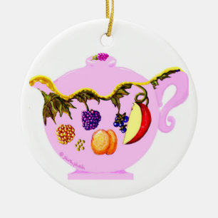 Décoration En Céramique Fruit et Motif Feuille Teapot & Teacup Orament