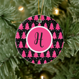 Décoration En Céramique Fuchsia moderne et noir Arbre de Noël Monogramme C
