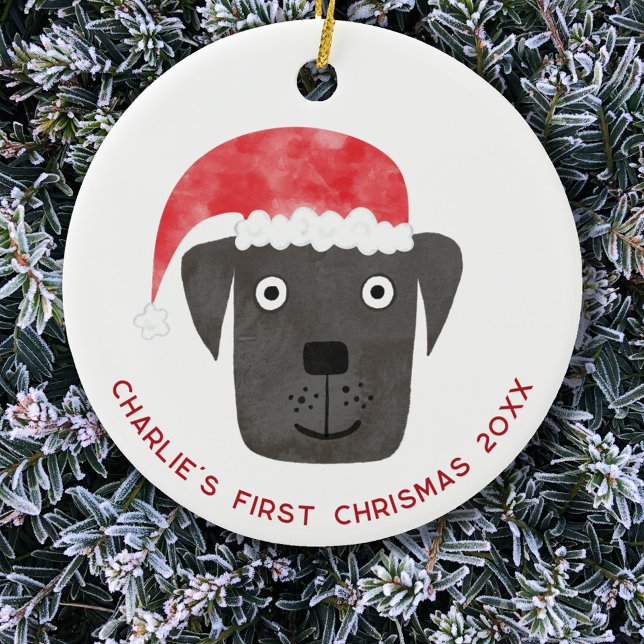 Décoration En Céramique Fun Dog First Christmas Personnalisé (Fun Black Labrador Retriever Dog personalized name first christmas date ceramic ornament)