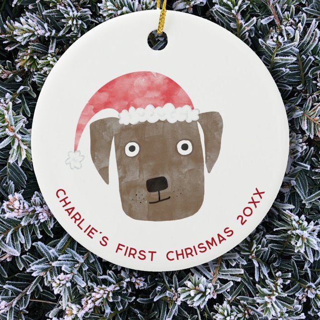 Décoration En Céramique Fun Dog First Christmas Personnalisé (Chocolate Brown Labrador Retriever Dog personalized name first christmas date ceramic ornament
)