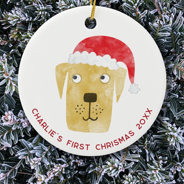 Décoration En Céramique Fun Dog First Christmas Personnalisé (Fun Yellow Golden Labrador Retriever Dog personalized name first christmas date ceramic ornament)