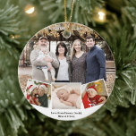 Décoration En Céramique Fun Script 4 Photo Tis The Season To Be Jolly<br><div class="desc">Tis The Season To Be Jolly | Watercolor Greenery Pine Cone Elegant and Minimalist 4 Family Photo Collage Double-sided Ornament. All the texts are pre-arranged for you to personalize easily and quickly with your own details. Wish you all a Happy Holidays!</div>