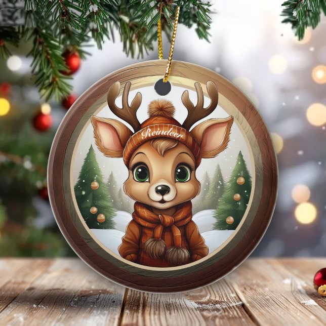 Décoration En Céramique Fun Whimsical Winter Wildlife Christmas Deer 🎄🦌 (Fun Whimsical Reindeer with Customizable Name, Winter Wildlife Christmas Deer Ceramic Ornament  🎄🦌)