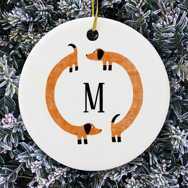 Décoration En Céramique Funny Dachshund Saucisse Chien Monogramme (Dachshund Wiener Sausage Dog monogram initial fun ceramic ornament)