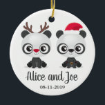 Décoration En Céramique Funny Pandas custom names and date<br><div class="desc">Christmas ornament featuring two funny pandas wearing up Santa hat and Rudolph red nose reindeer. Personalised with your names and photo (on the backside).</div>