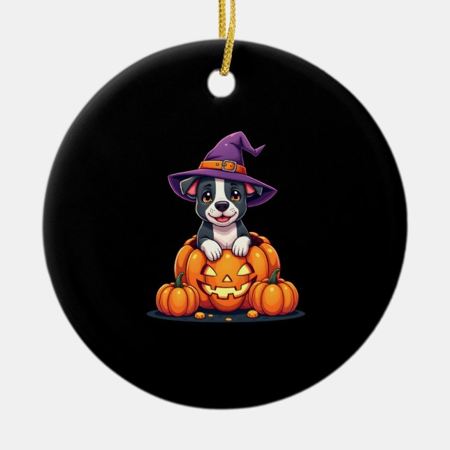 Décoration En Céramique Funny Pitbull Witch Pumpkin Dog Halloween Mens Wom (Devant)