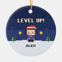 Gamer Gift Level Up Pixel Christmas Ornament