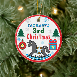Décoration En Céramique Garçon 3ème Noël PHOTO Gris Cheval Bleu Tout ÂGE