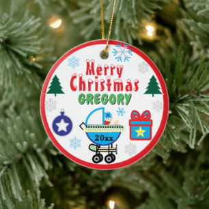 Décoration En Céramique Garçon Arbres de Noël NOM Carrosse Bleu