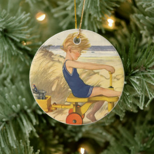 Décoration En Céramique Garçon vintage Jouer à la plage avec des jouets de