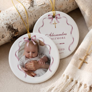 Décoration En Céramique Garde de photo de baptême avec un nœud rose aquare