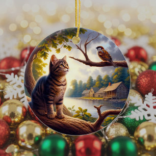 Décoration En Céramique Garde-mémoire chat tigré curieux