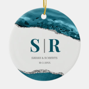Décoration En Céramique Géode de Teal Agate Noël Monogrammé pour les Coupl