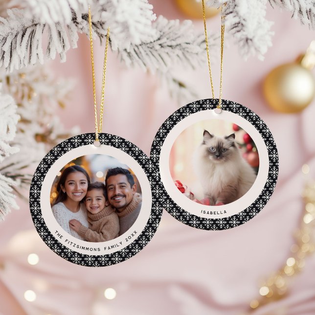 Décoration En Céramique Geometric Black and White Scandinavian 2 Photos (Neutral Snowflake Modern 2 Photos Christmas Ornament black)