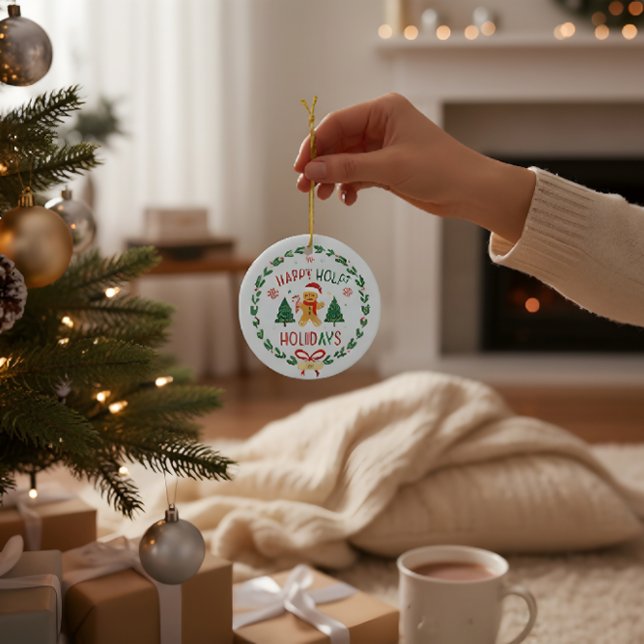 Décoration En Céramique Gingerbread Man & Holly Wreath Christmas Ornament (Créateur téléchargé)