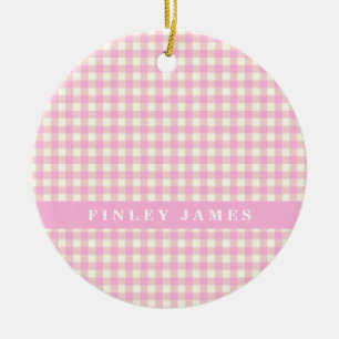 Décoration En Céramique Gingham à carreaux rose et blanc personnalisé 