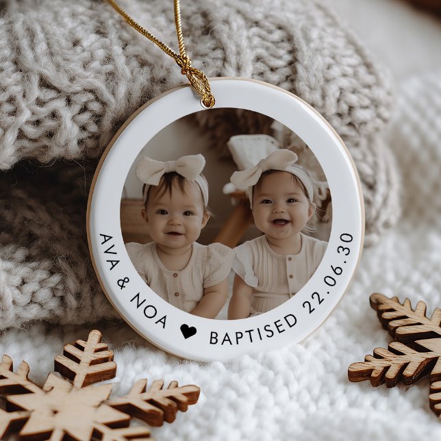 Décoration En Céramique Girl Twins Baptism Photo Keepsake (Zazzle Girl Twins Baptism Photo Keepsake Ceramic Ornament)