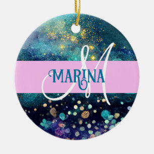 Décoration En Céramique Glam Sirène Aqua Or Glitter Paillettes Monogramme