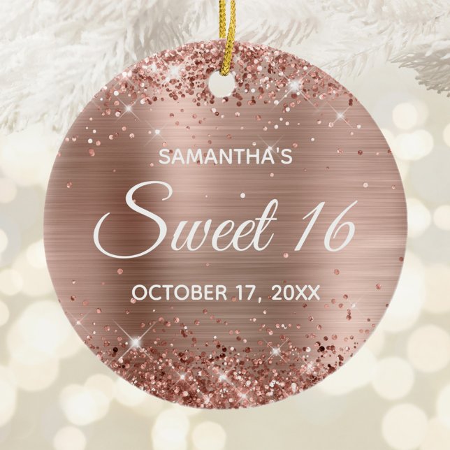 Décoration En Céramique Glitterie Rose Gold Foil Sweet 16 Anniversaire (Glittery Rose Gold Foil Sweet 16 Birthday Ceramic Ornament)