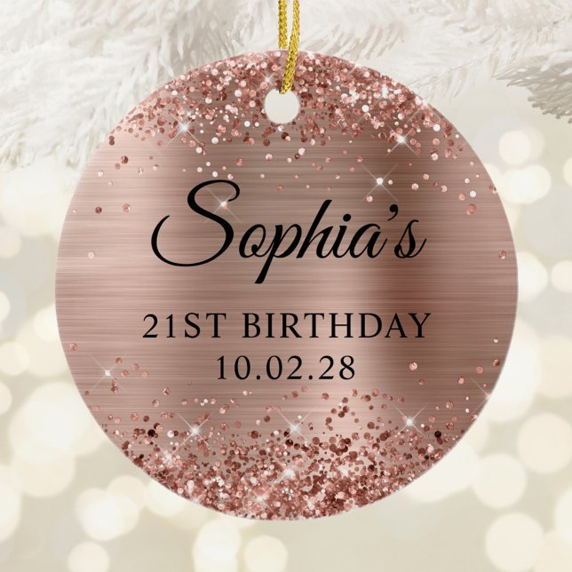 Décoration En Céramique Glittery Rose Gold Foil 21e anniversaire Photo (Glittery Rose Gold Foil 21st Birthday Photo Ceramic Ornament)