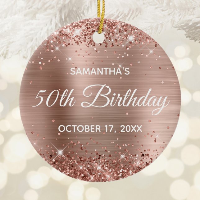 Décoration En Céramique Glittery Rose Gold Foil 50e anniversaire (Glittery Rose Gold 50th Birthday Circle Ceramic Ornament)