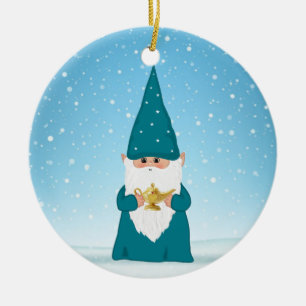 Décoration En Céramique Gnome de Noël tenant une lampe magique