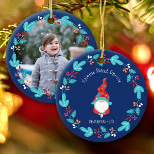 Décoration En Céramique Gnome Sweet Elf Elf Floral Wreath Photo Bleu