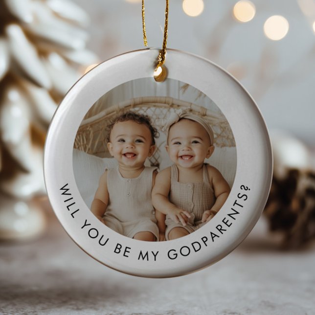 Décoration En Céramique Godparents Photo Proposal Girl Boy Twins (Zazzle Godparents Photo Proposal Girl Boy Twins Ceramic Ornament (Front))