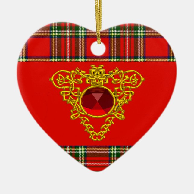 DÉCORATION EN CÉRAMIQUE GOLD CELTIC HEART,RUBY, RED GREEN SCOTTISH TARTAN (Devant)