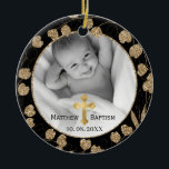 Décoration En Céramique Gold Eucalyptus Branche Feuilles Baby Baptism Phot<br><div class="desc">Ornement de baptême et de baptême Feuille Gold Eucalyptus Branch avec double photo avec cadre de courroie dorée du feuillage eucalyptus sur le noir. Personnalisez votre propre photo 2 horizontale ou carré. Grand cadeau pour votre famille et vos amis pour la saison des fêtes.</div>