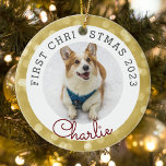 Décoration En Céramique Gold Lights Pet's First Christmas Photo<br><div class="desc">Premier ornement photo de Noël de l'animal de compagnie sur mesure avec photo et nom de l'animal de compagnie sur l'or arrière - plan des lumières de Noël.</div>