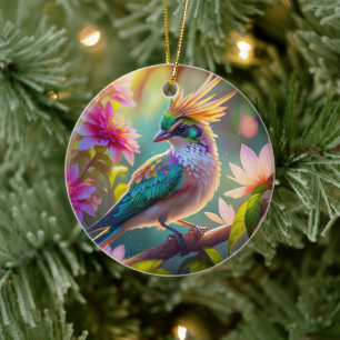 Décoration En Céramique Golden Crested Green Headed Finch Imaginaire Oisea