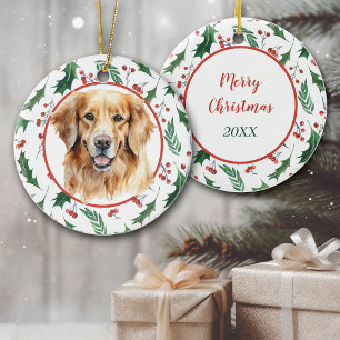 Décoration En Céramique Golden Retriever Chien Red Berry Holly Bordure