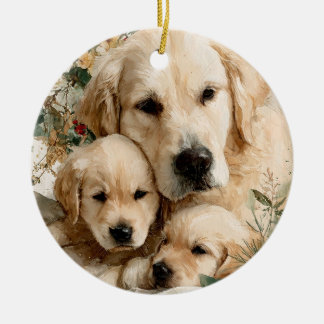 Décoration En Céramique Golden Retriever et chiots Noël vintage