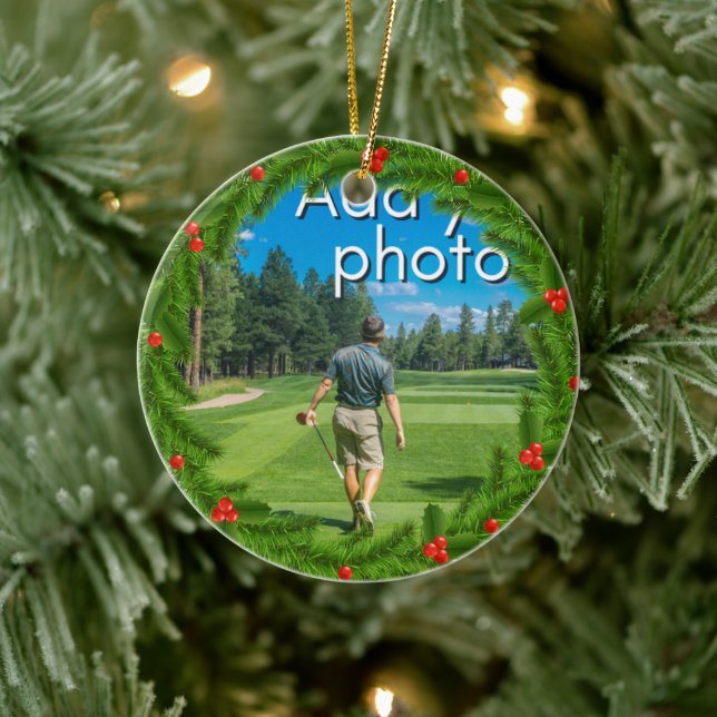 Décoration En Céramique Golfing Christmas Wreath ajouter votre photo rouge (Arbre)