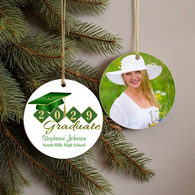 Décoration En Céramique Graduation Green et Gold Classic Photo (Graduation Green and Gold Classic Photo Ceramic Ornament)