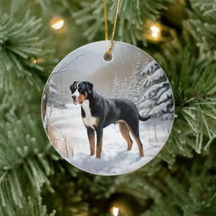 Décoration En Céramique Grand Bouvier Suisse Noël sous la neige de Noël
