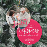 Décoration En Céramique Grand-parents photo premier script de Noël<br><div class="desc">Téléchargez votre photo préférée (de préférence carré),  insérez votre texte,  vos noms et votre date,  et faites de ces ornement moderne Joyful rose script sapin de Noël un cadeau de souvenir pour grand-mère et grand-père de leur premier Noël en tant que grands-parents!</div>