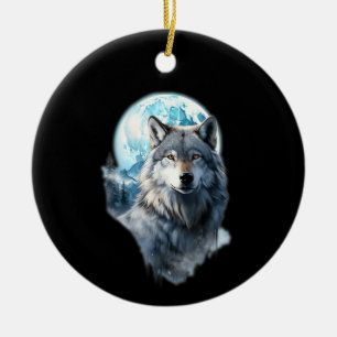 Décoration En Céramique Graphique de la Lune du Loup Hurleur, sous la nuit