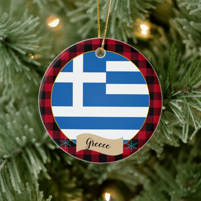 Décoration En Céramique Grèce, buffle rouge plaid & drapeau grec (Arbre)