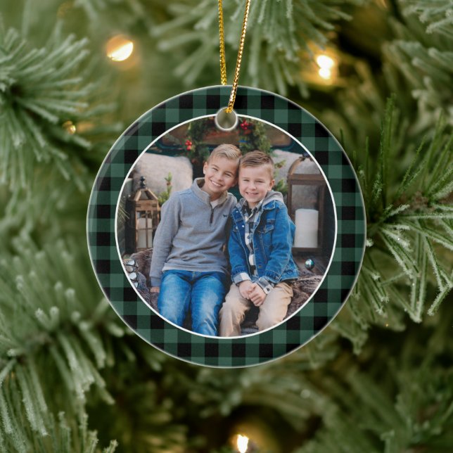 Décoration En Céramique Green and Black Buffalo Plaid Custom Holiday Photo (Arbre)