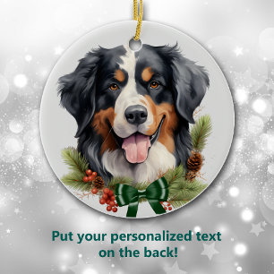 Décoration En Céramique Green Bow Holly Wreath Bernese Mountain Dog