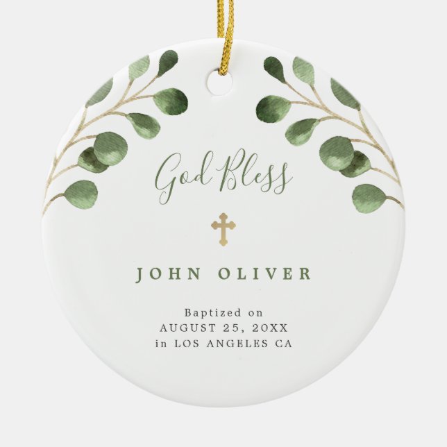 Décoration En Céramique Green eucalyptus feuillage bébé baptême photo (Devant)