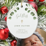 Décoration En Céramique Green eucalyptus foliage baby baptism photo<br><div class="desc">Watercolor eucalyptus greenery leaves and a classy handwritten style calligraphy script making a beautiful boy or girl baptism personalized Christmas keepsake white tree ornament.</div>