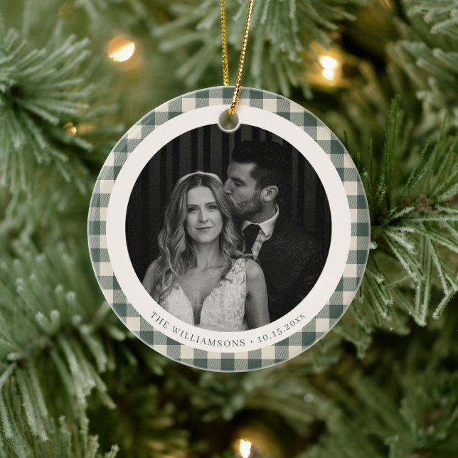Décoration En Céramique Green Plaid Gingham Wedding Photo Holiday Keepsake (Arbre)