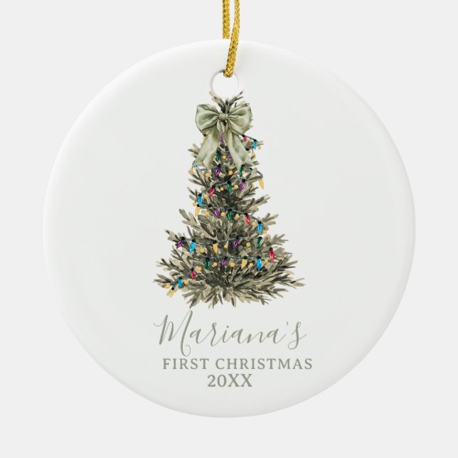 Décoration En Céramique Green Sage Bow Pine Trees First Christmas (Devant)